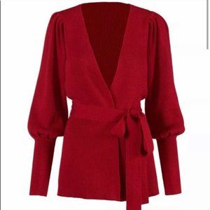 CAbi 5634 Red Cabaret Ribbed Wrap Belted Cardigan Small EUC